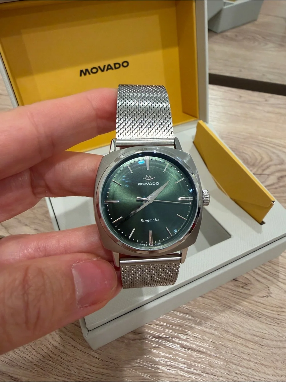 Movado Silver Watch with Green Dial and Mesh Bracelet